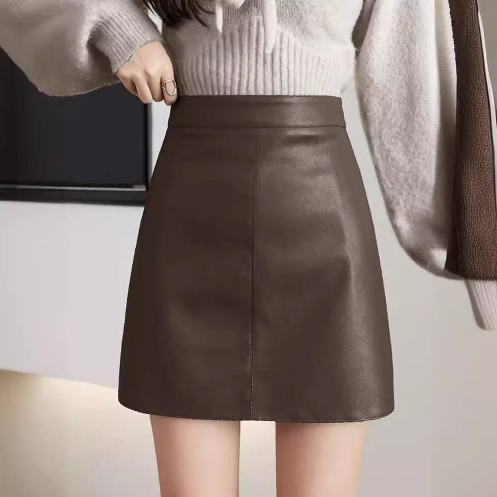 Black A-line High-waisted PU Leather Skirt: Women's Spring/Autumn Slimming Mini with Anti-exposure Design