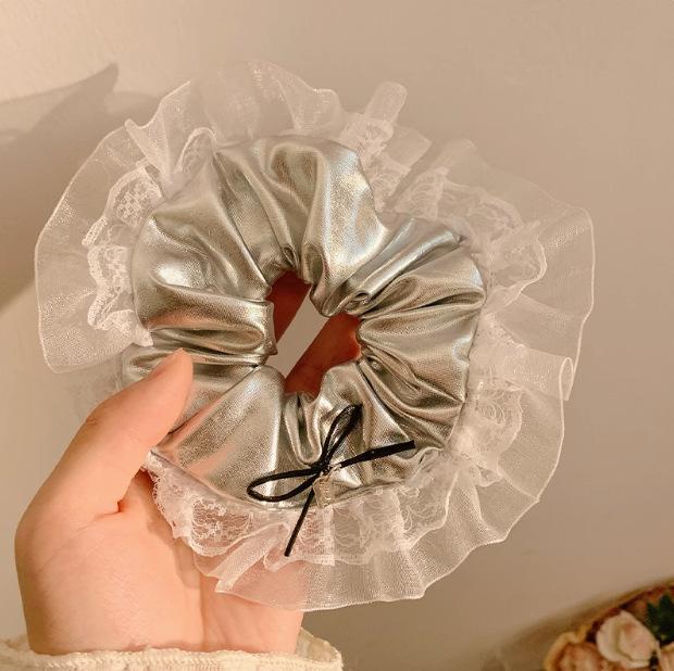 

Silver bow Korean large intestine hair band hair accessories female lace tie ball head does not hurt hair rope head jewelry wholesale