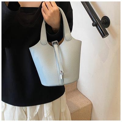 Retro Lock Vegetable Basket Bag New Temperament Soft Leather Bucket Bag Solid Color Niche Handbag