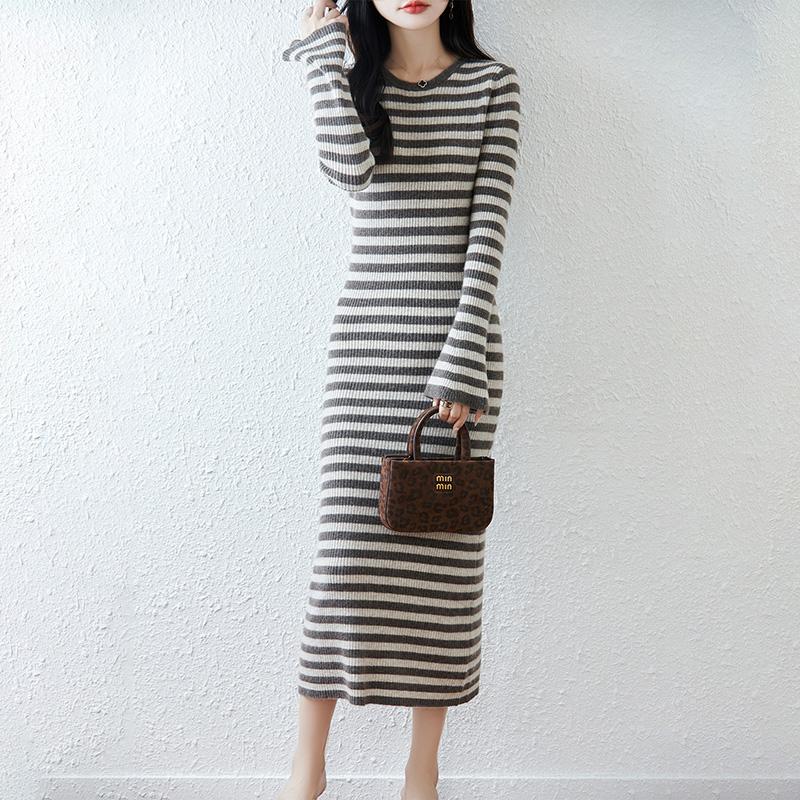 Women Sweater Dress 100% Wool MODERN NEW SAGA O-neck Striped Knit Long Pullover Winter Jumpers Wool Long Dress Female