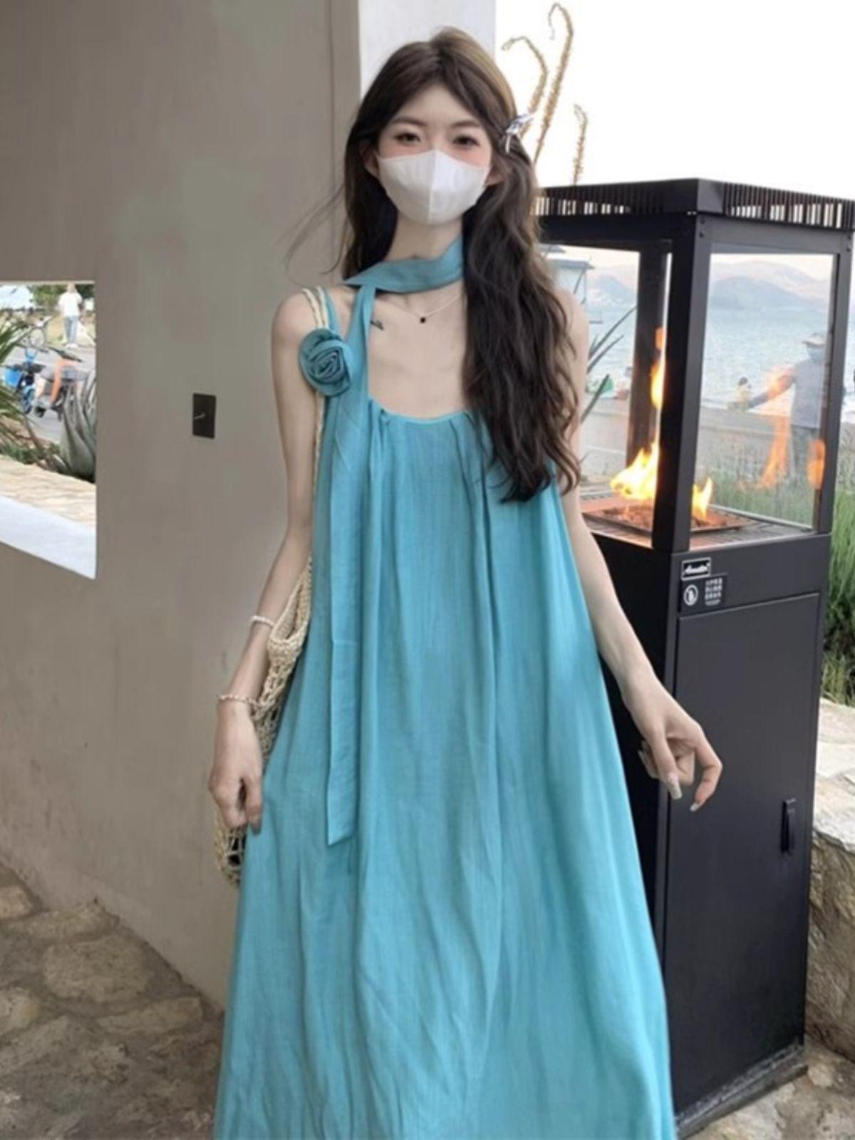 

Женское летнее голубое платье-комбинация с завязками - Свободная А-силуэтная юбка миди Large озеро синий