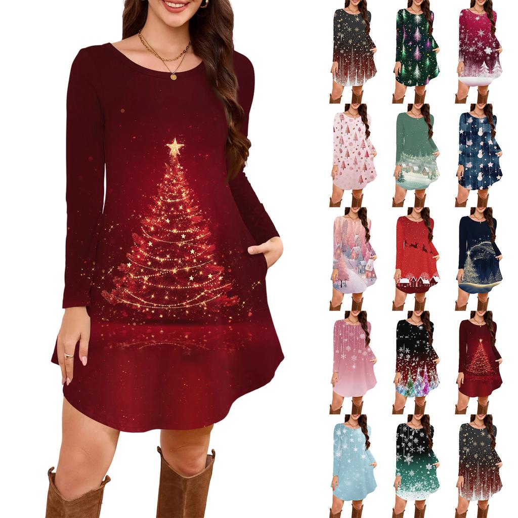 Women's Long-sleeved T-shirt Dress With Round Neck, Knee-length, Loose Fit, Casual And Pockets