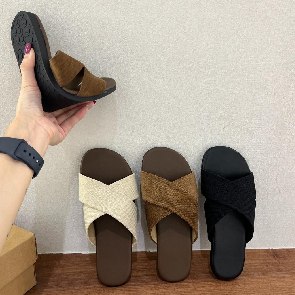 Cross-strapped Linen Slippers Women's Outerwear Summer New Retro Casual Sandals Vacation Seaside Beach Flat Sandals