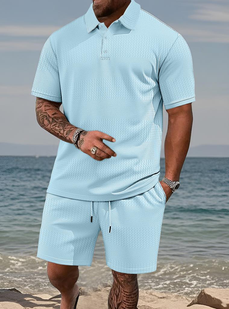 Men's Jacquard Polo Set Summer Thin Plaid Short Sleeve Casual Sports Outfit