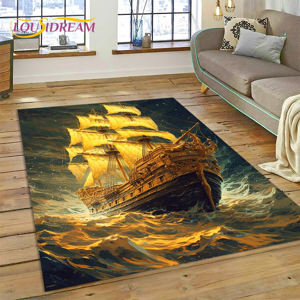 Ancient Pirate Ship Boat,Barque,Sailboa Rug Carpet for Living Room Bedroom Decor,Floor Mat Non-slip Decoration for Sofa Doormat