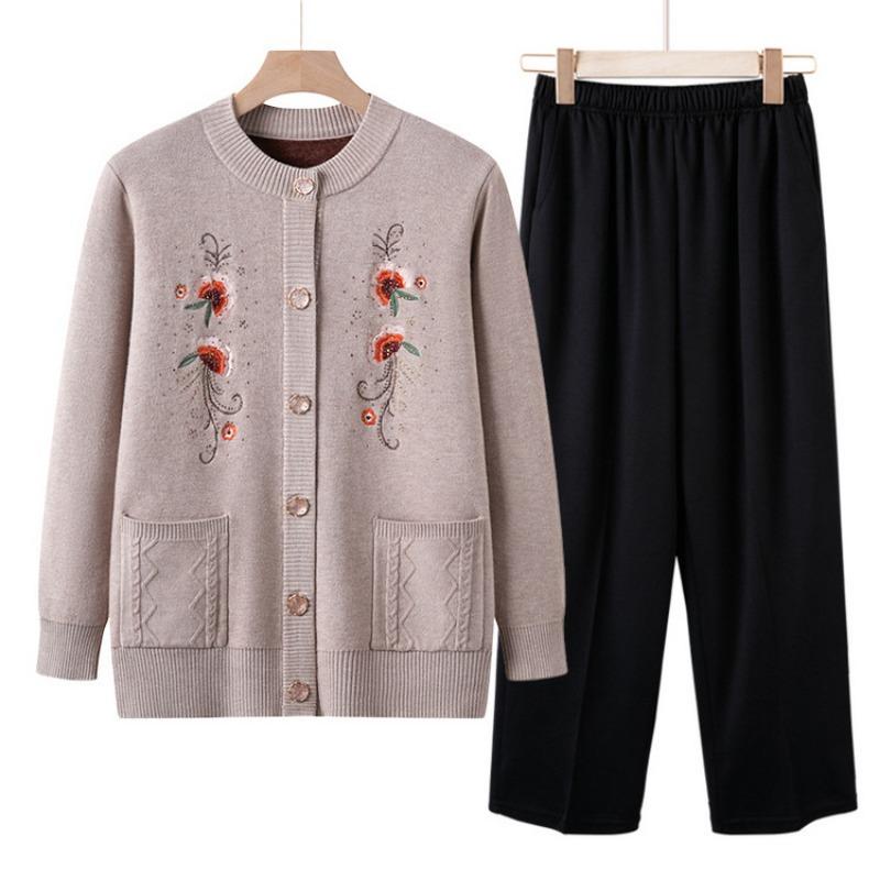 Grandma Sweater Women's Plush Thickened Knitted Sweater for the Elderly Autumn and Winter Embroidered Cardigan Mother Jacket for the Elderly