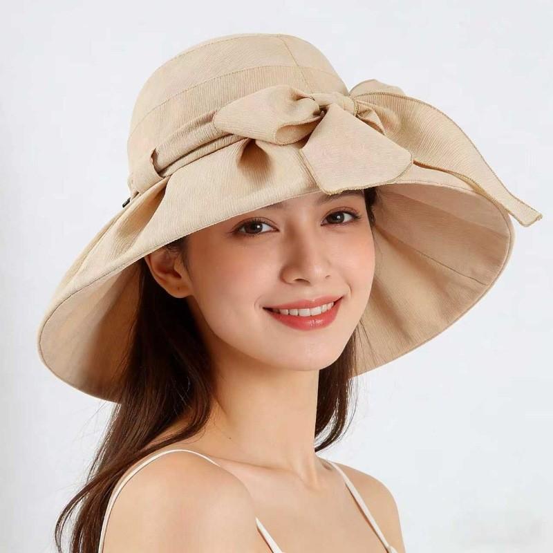 Summer Wide Brim Cotton Polyester Sun Hat For Women With Adjustable Ribbon And Bow