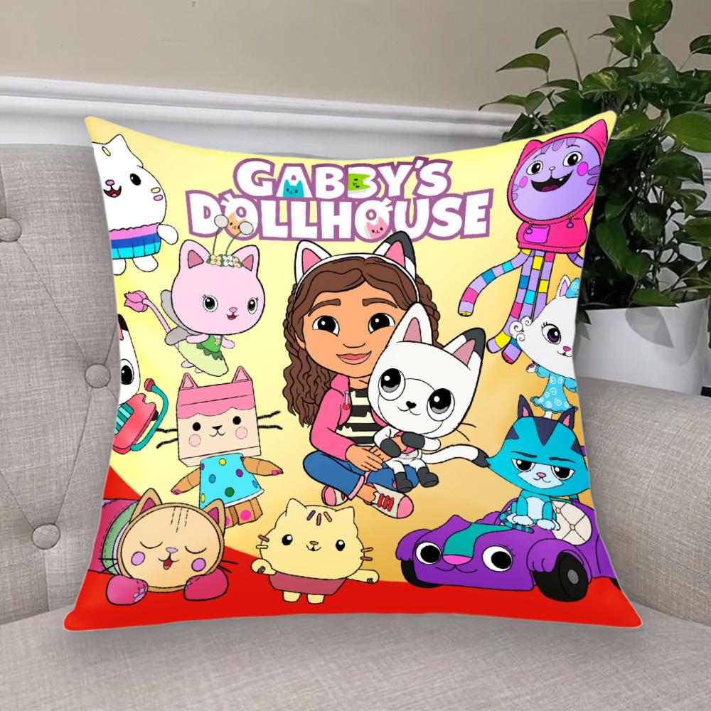 Cartoon Anime Gabby Dollhouse Short Plush Cushion Cover Pillow Case Double-Sided Printing Zipper Closure Sofa Party Home Decor