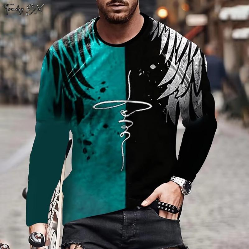 Herren T-Shirts Vintage Patchwork Print Mode Streetwear O-Ausschnitt Grafik T-Shirts Tops Casual Sport Langarm Fitnessstudio Kleidung Männer