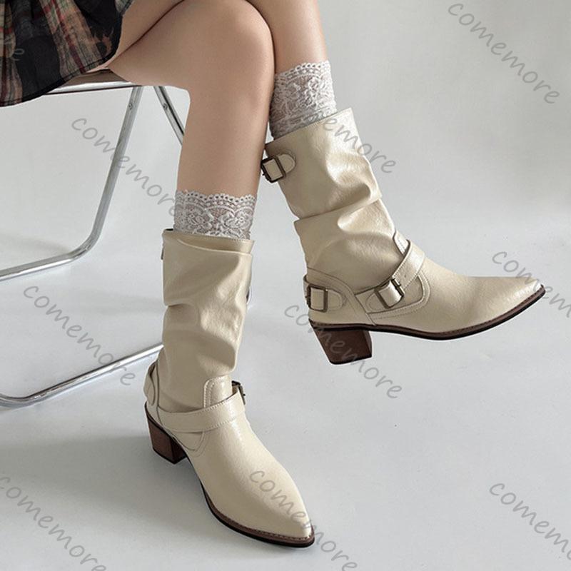 Fashion Comemore Beige Fashion Western Mid-calf Boots for Women New Autumn Thick Middle Heel Pointed Toe Stacked Short Botas Femininas