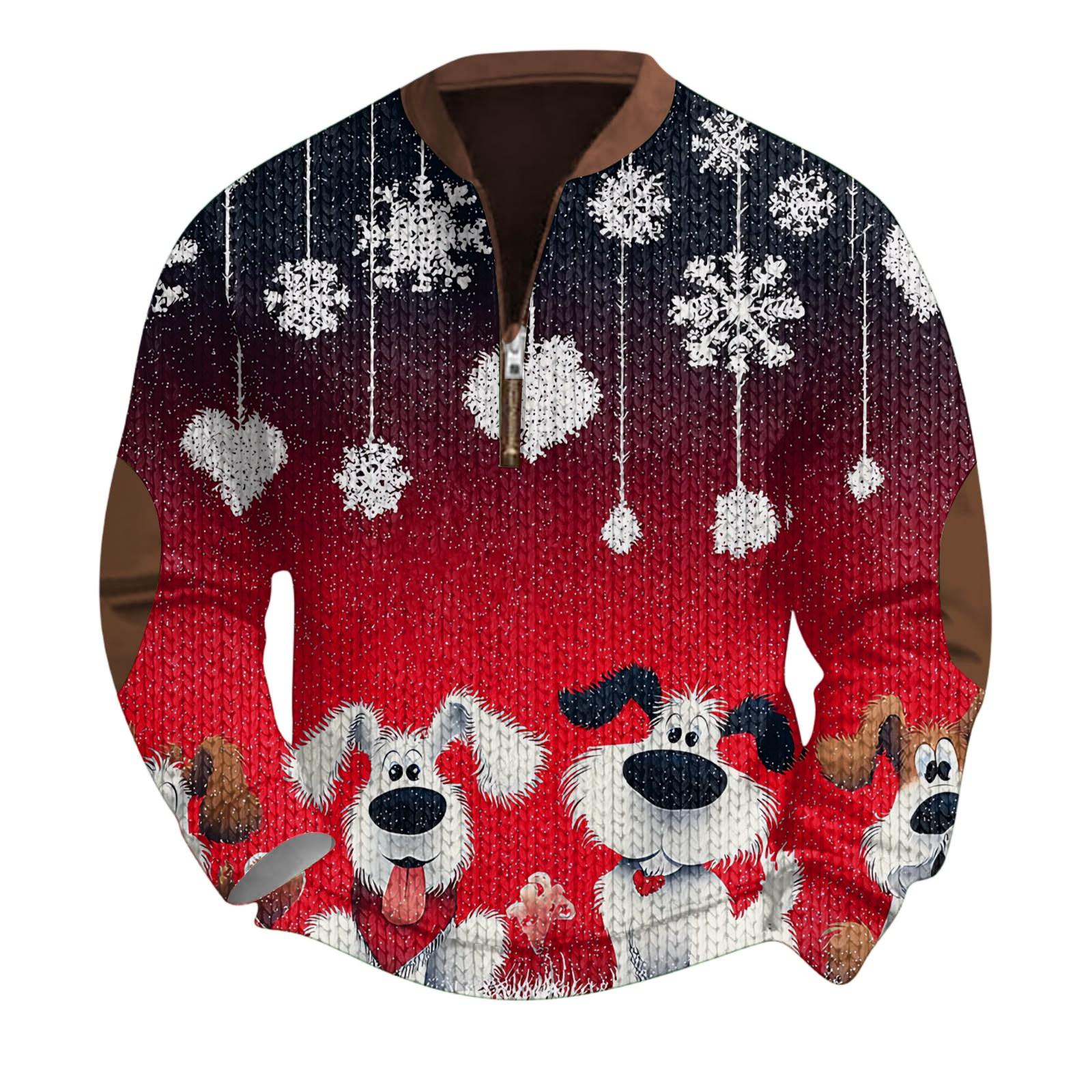 

Мужской рождественский свитер на молнии, винтажный вязаный графический свитшот, рождественский пуловер со стойкой XXL красный