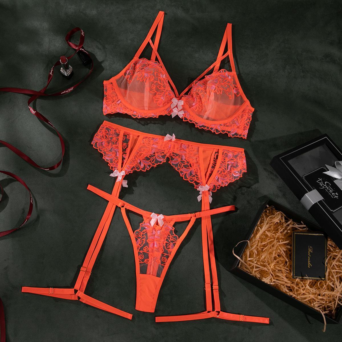 

Aduloty женский новый флуоресцентный оранжевый изысканный комплект нижнего белья с полой искушением и вышивкой для милых девушек S оранжевый