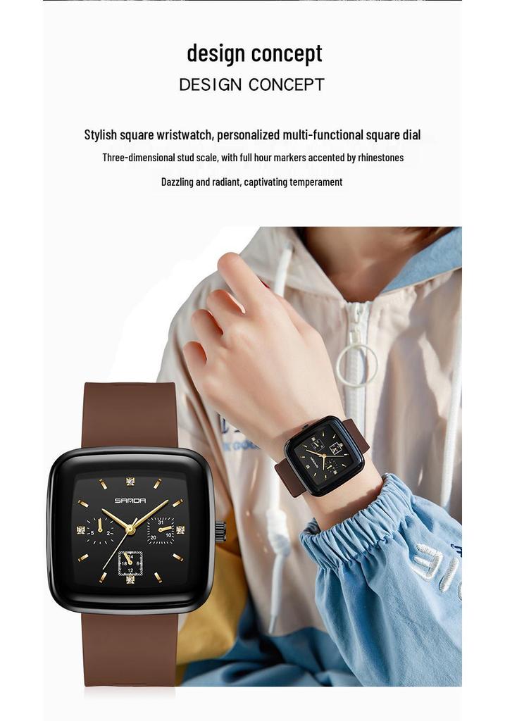 Sanda Square Men's & Women's Quartz Watch with Silicone Strap, Six Hands, Waterproof, Bar Markers, Fashionable Design