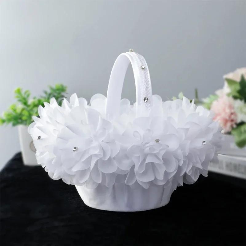 Flower Girl Basket White Small Cloth Baskets with Faux Lace Flowers Decor for Wedding Ceremony Party Desktop Decor