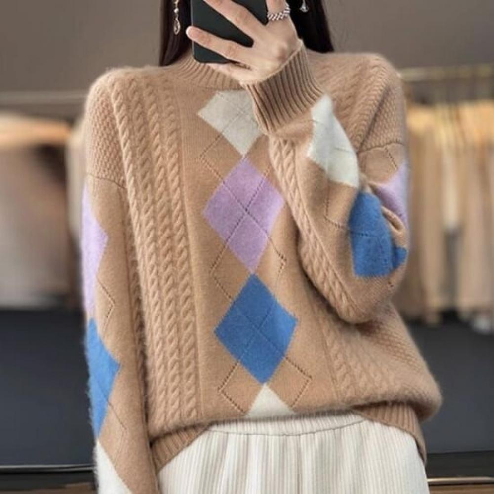 Navava Women Cable Knit Diamond High Neck Long Sleeve Sweater Nk2591