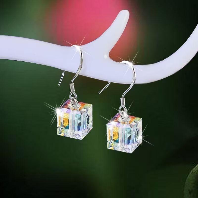 Iridescent AB Aurora Borealis Square Faceted Crystal Charm Drop Earrings Silver Wire Hook Dainty Casual Ladies Accessories