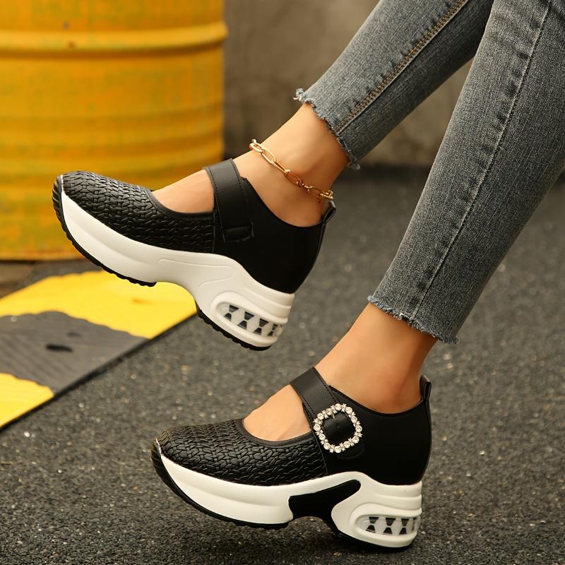 Damskie sneakersy na platformie z klinem ozdobione cyrkoniami białe ze sztucznej skóry wsuwane antypoślizgowa gruba podeszwa