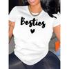 European Size Women'S Besties Heart Print T-Shirt, Fashionable Casual Round Neck Short Sleeve Tee, Comfortable