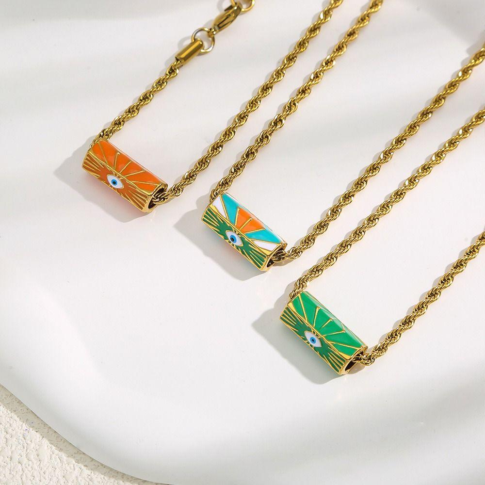 Stainless Steel Enamel Eye Pendant Necklace Wish Card Hexagonal Neck Chain  Summer Beach