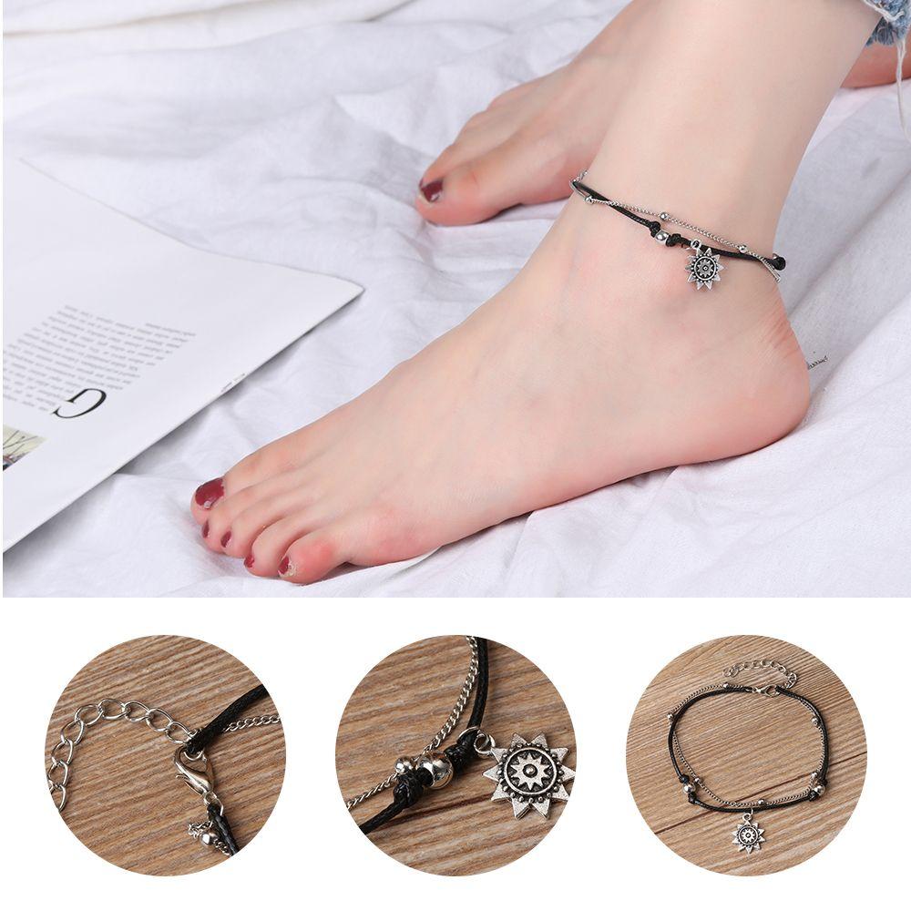 Vintage Bohemian Leather Women Summer Beach Sun Pendant Anklets Foot Chain Beads Charm