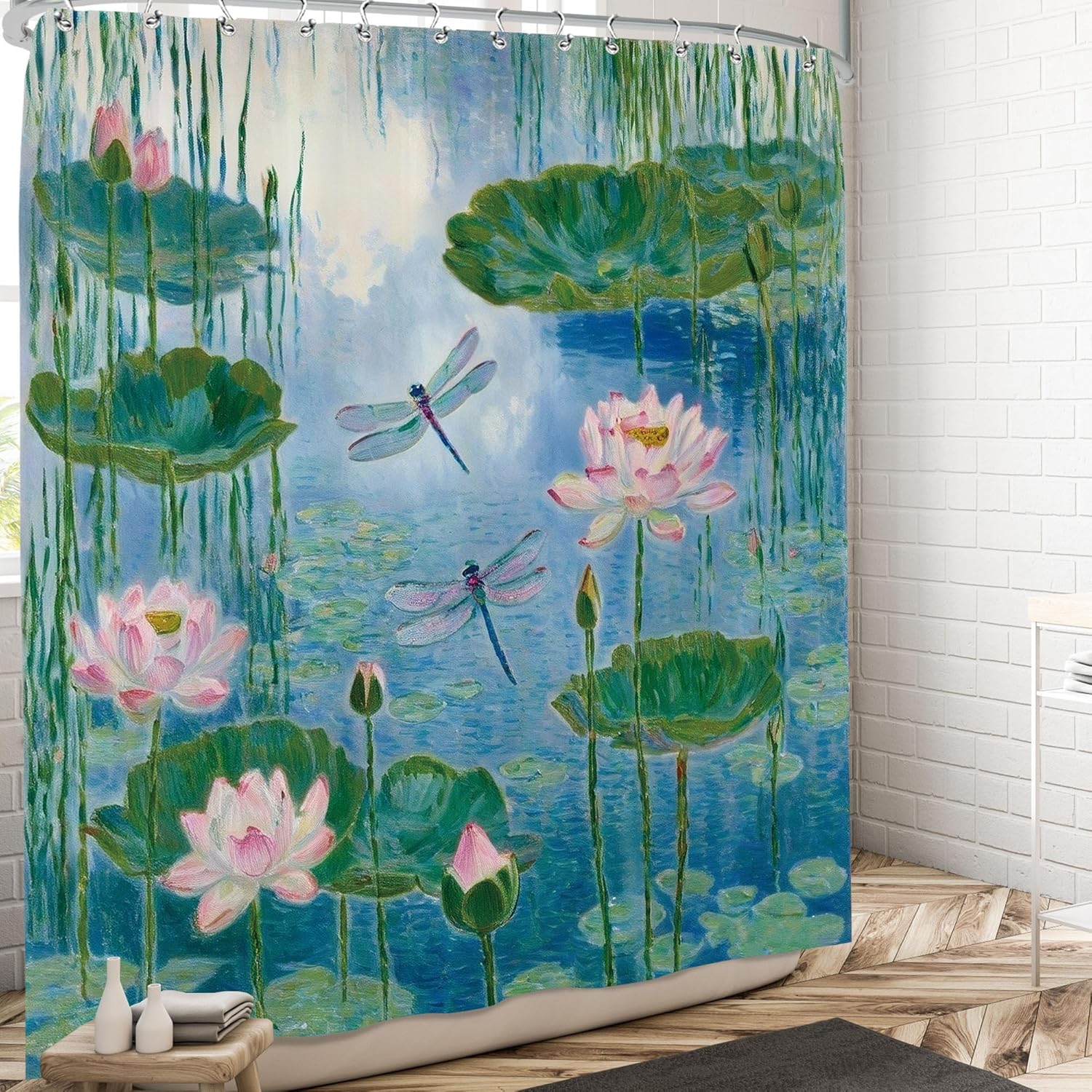 

Lotus Dragonfly Shower Curtain Pink Green Asian Flower Chinese Floral Art Shower Curtain Set For Bathroom Aesthetic Spring Plant W60H190(CM)-1 Pcs