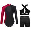 Ensemble de Gymnastique 3 Pièces pour Filles Justaucorps à Dos Goutte d'Eau avec Gilet Croisé & Short à Strass Col Montant Manches Longues