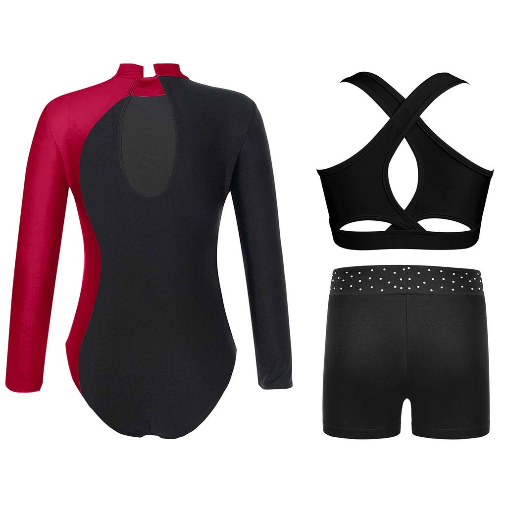 Ensemble de Gymnastique 3 Pièces pour Filles Justaucorps à Dos Goutte d'Eau avec Gilet Croisé & Short à Strass Col Montant Manches Longues