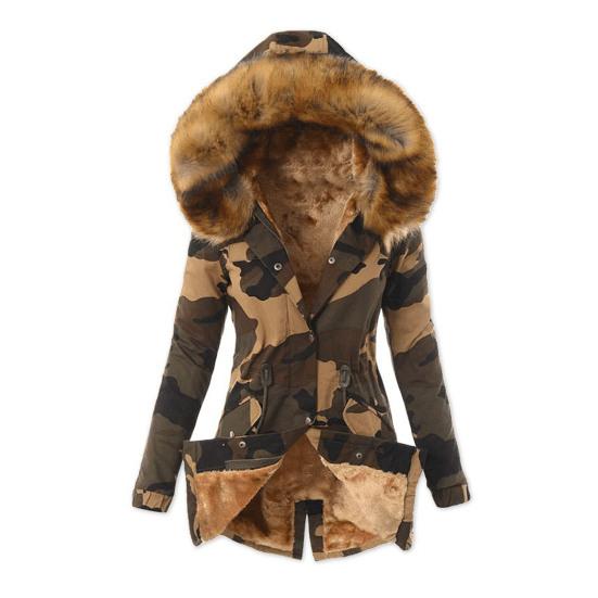 Buttons Closure Long Sleeve Women Coat Waist Drawstring Plush Hooded Fleece Lined Camouflage Print Overcoat Outerwear
