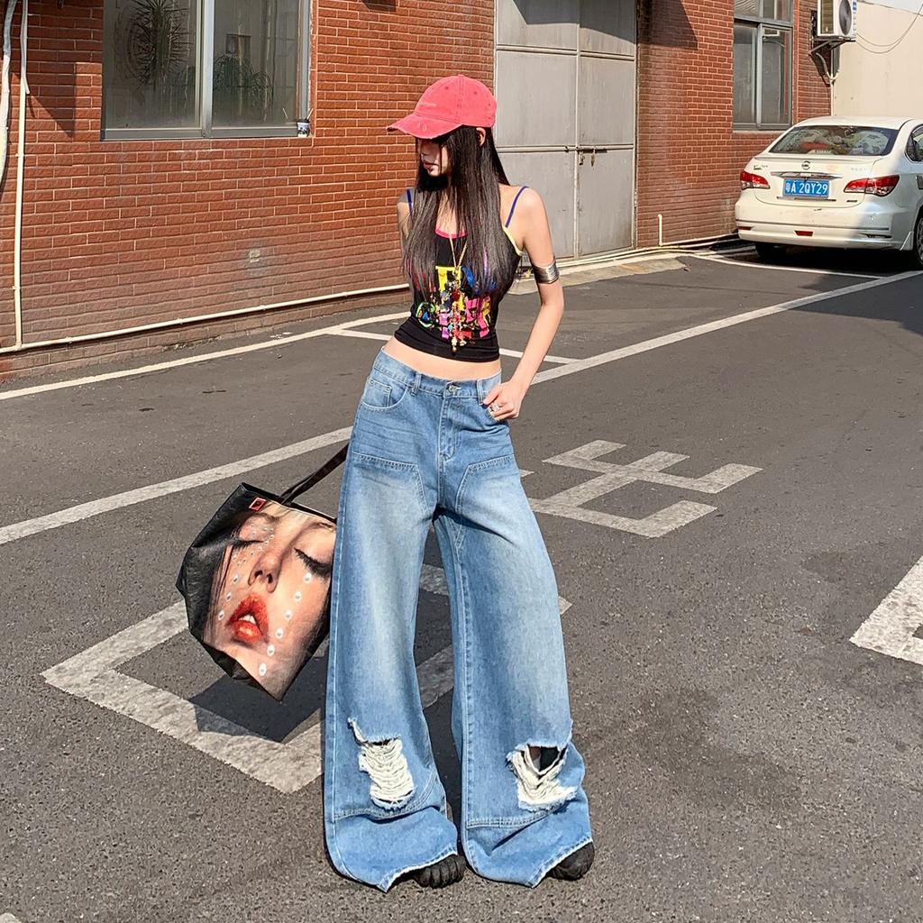 Spring Summer Sweet Street Hide Hip Lazy Ripped Wide Leg Denim Pants For Ladies Casual Pants Oversize Denim Trousers