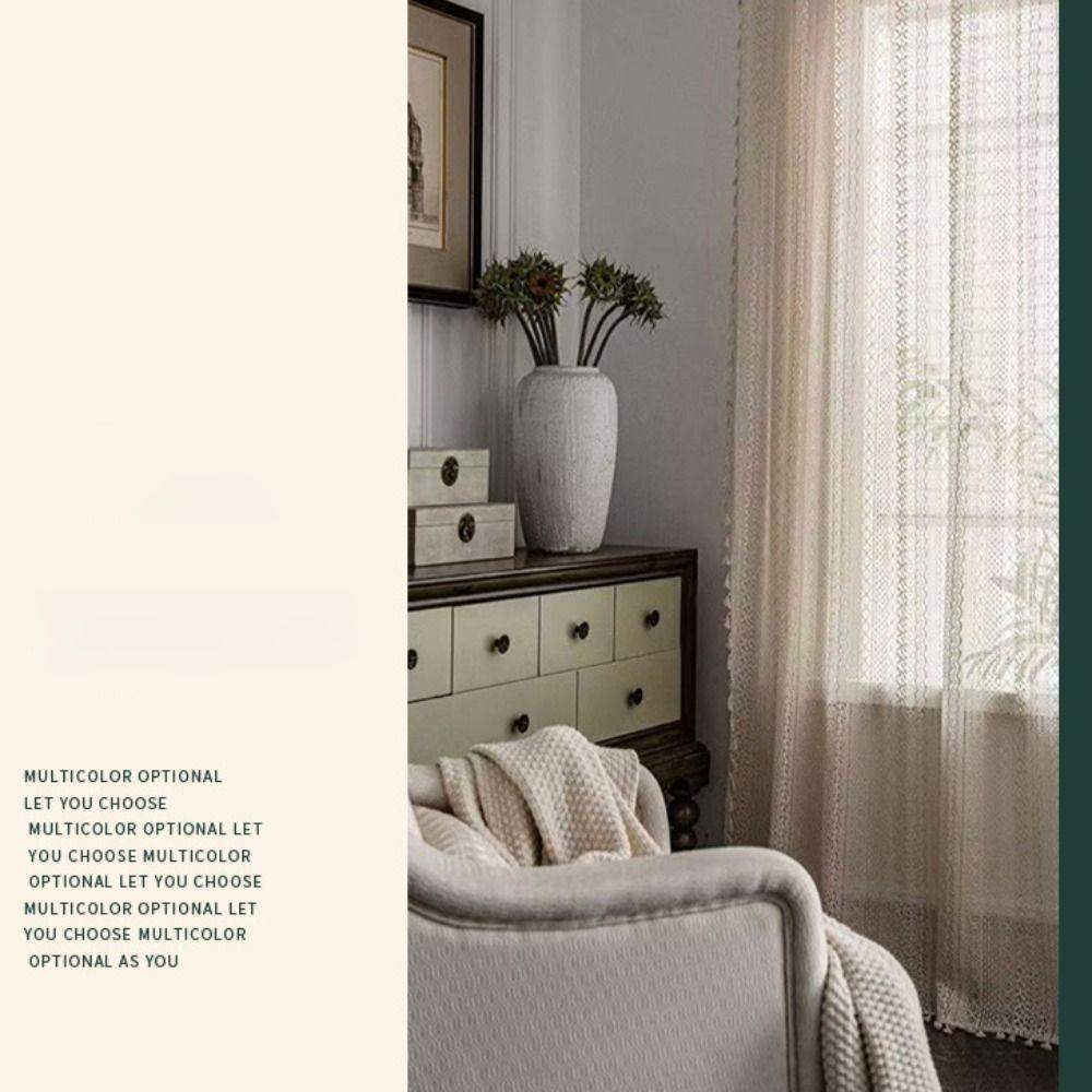 Lace Pattern Vintage Rod Pocket Curtains Tassel Design Geometry Striped Curtains  Window Treatment