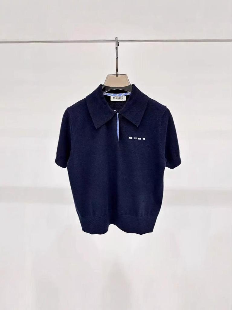2024 Autumn Simple College Embroidered Short-Sleeve Polo Collar Knit Top