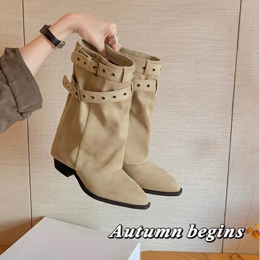 Cowhide version~ American Spice Girls belt buckle pants boots medium boots women's boots niche design short boots western boots