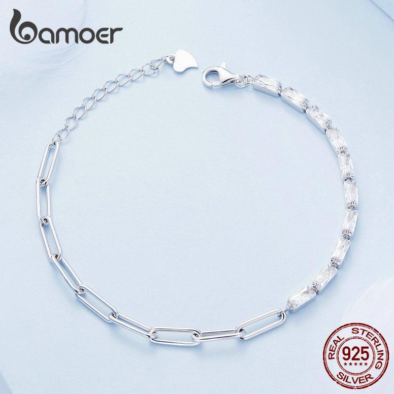 Bamoer 925 Silver Square Zircon Tennis Bracelet Chain Splice Bracelet for Women Valentine's Day Gift Jewelry BSB101