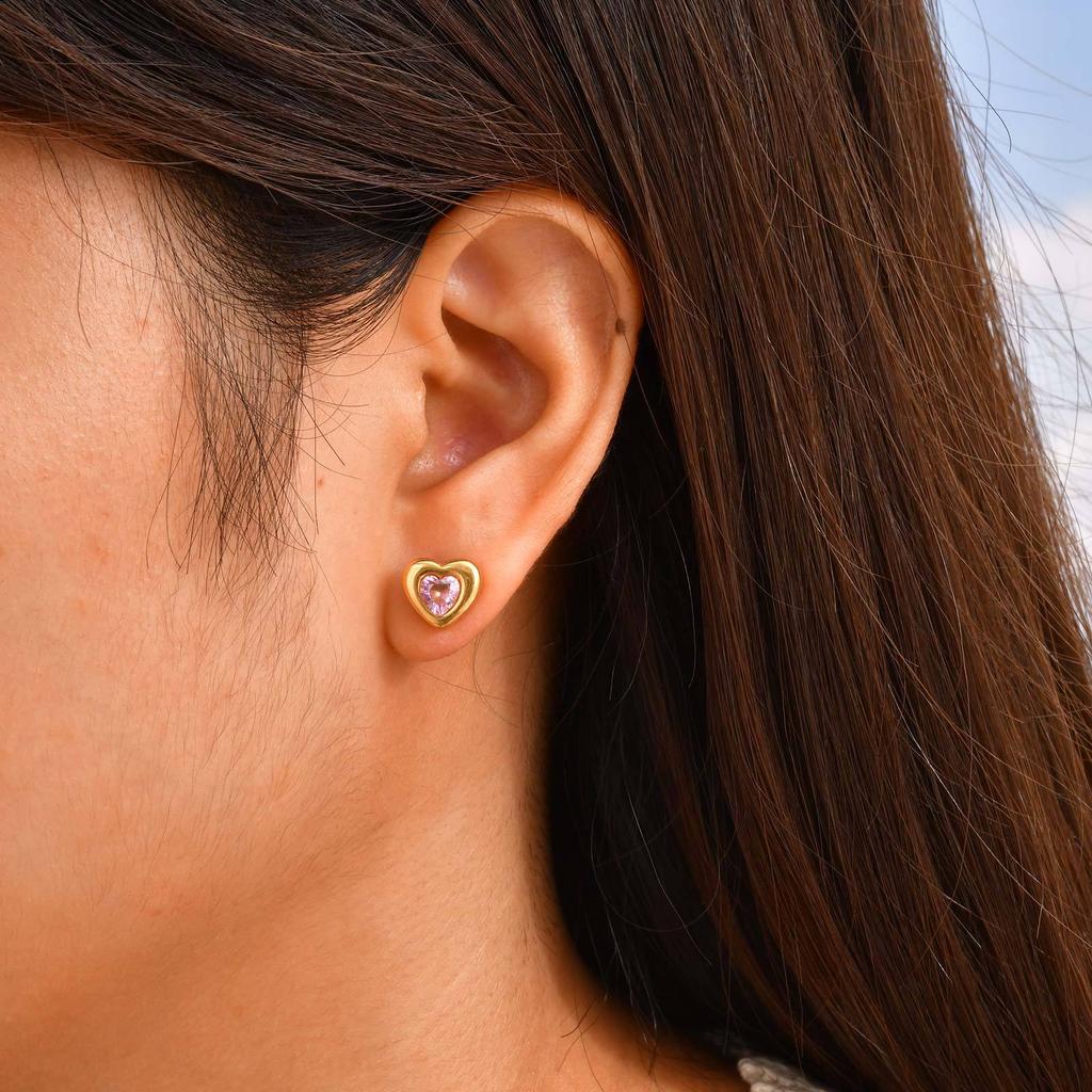 Wind 18K Gold Stainless Steel Love Inlaid Pink Zircon Pendant Necklace Earrings Niche Jewelry