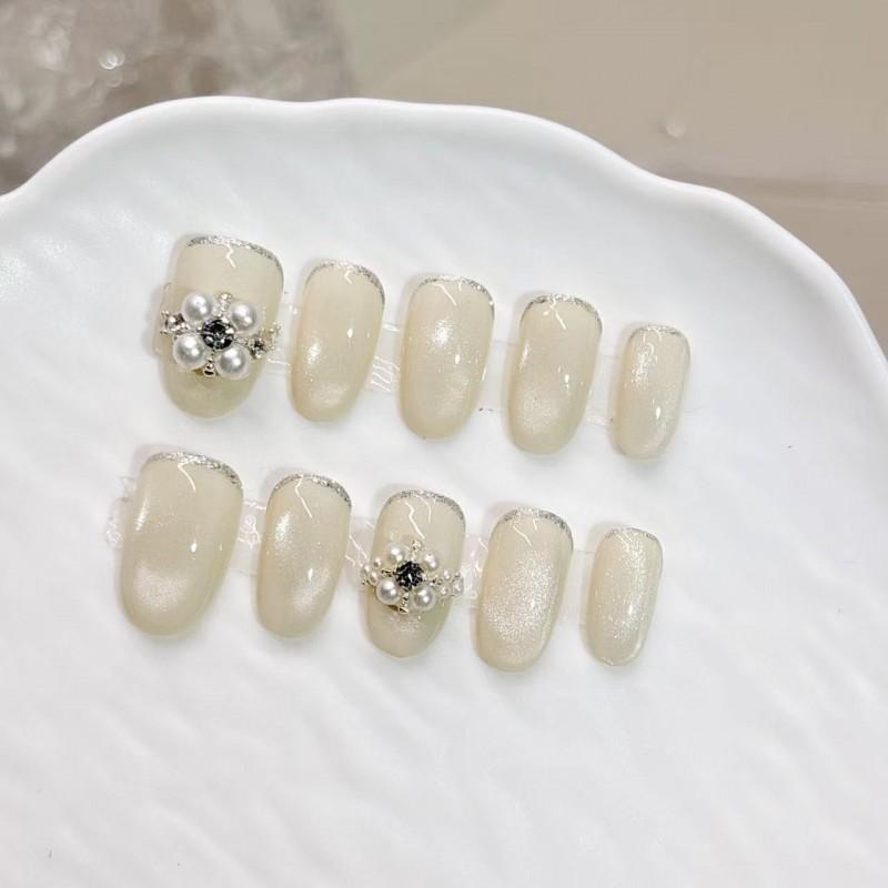 Handcrafted Short Nude Cat Eye Press-On Nails Pure Solid Color French Style Women Girls Small