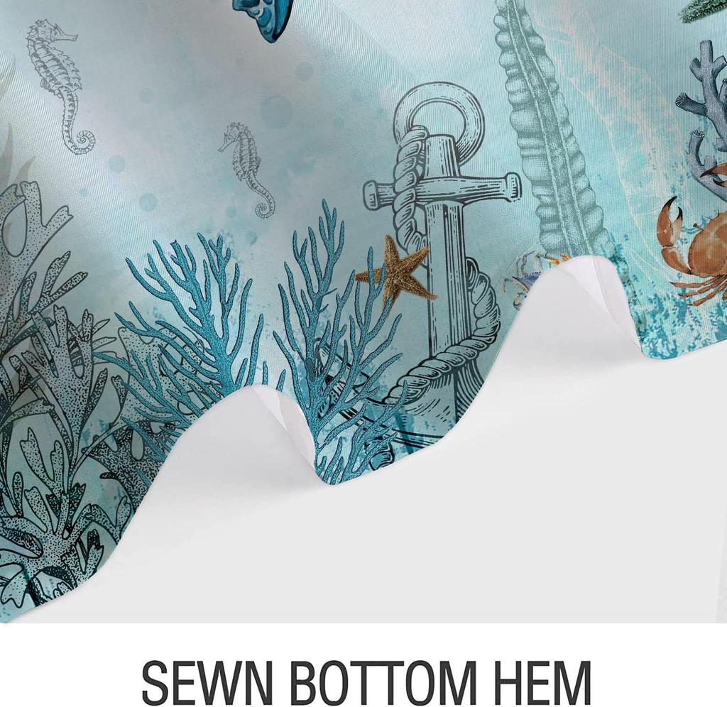 Ocean Theme Shower Curtain – Sea Turtle, Octopus, Jellyfish & Fish Print In Blue Teal, Coastal Bathroom Decor With Hooks