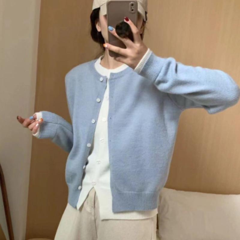 Autumn Korean Candy Color Long-sleeved Fake Two-piece New Slim Niche Knitted Sweater Cardigan