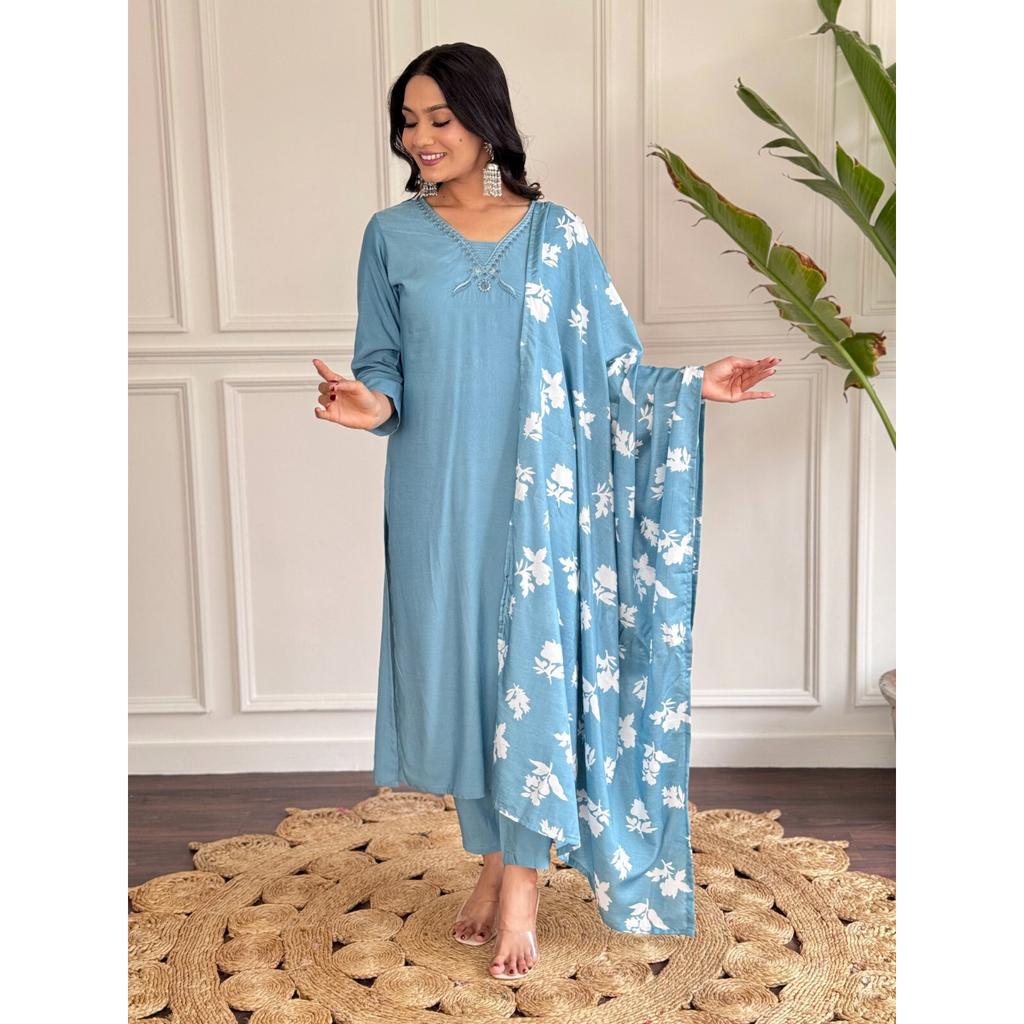 Indian Bollywood Chanderi Kurti Women Designer Top Tunic Kurta Pant Dupatta Set SC-2288