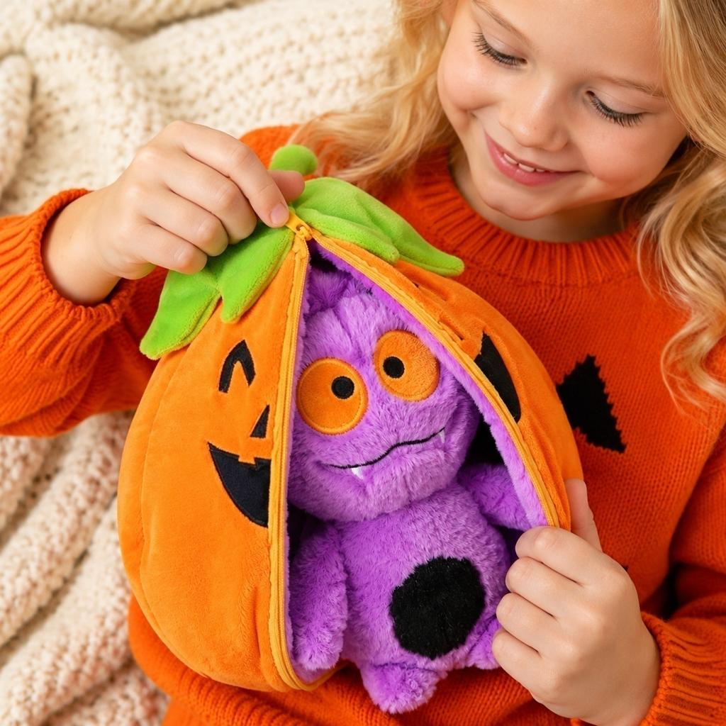 Halloween Pumpkin Plush Toy with Zipper Storage Soft Stuffed Animal Doll Halloween Decoration Gift for Kids and Adults