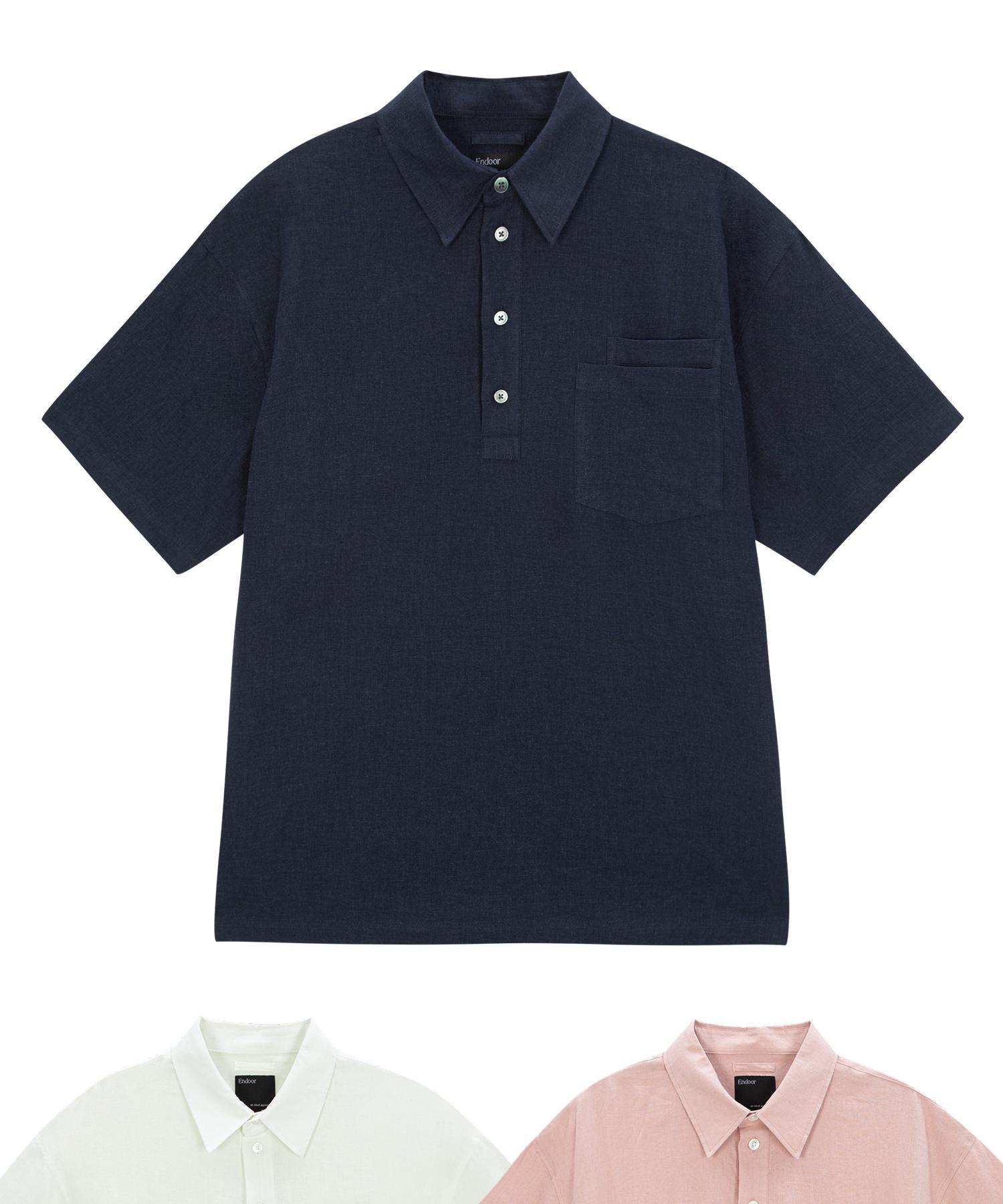 Linen Pullover Double Pocket 1/2 Shirt (Navy) 1
