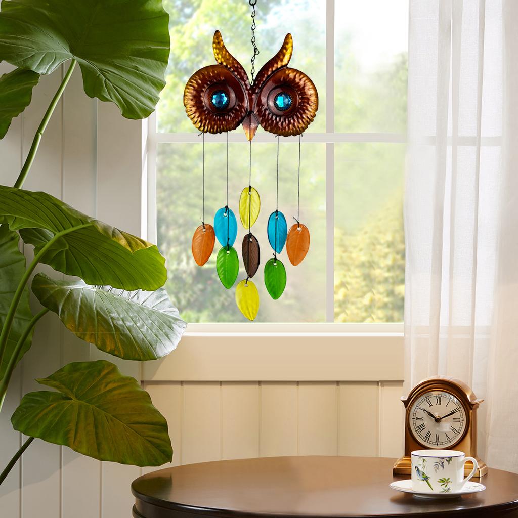 Iron Owl Stained Glass Suncatcher with 9 Leaves Garden Yard Hanging Decor Art Craft
