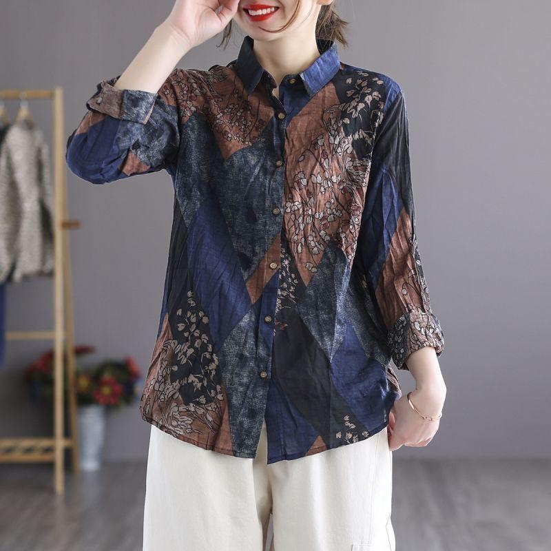 Large Size Loose Artistic Retro Casual Shirt for Women Spring Retro Printed Loose Single Breasted Long Sleeved Top Blouses Shirts