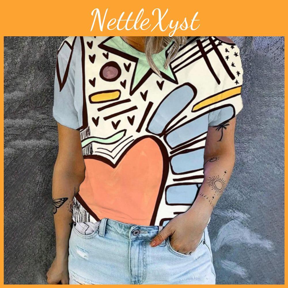 Tshirt Neck Womens Elegant Round Art Graffiti Pattern Fashion Tshirt Summer Leisure Womens Popular Short Sleeved Tshirt