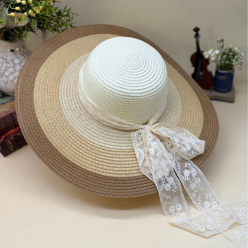 Women's Colorful Patchwork Straw Hat with Large Brim Summer Travel Sun Protection Rainbow Headband