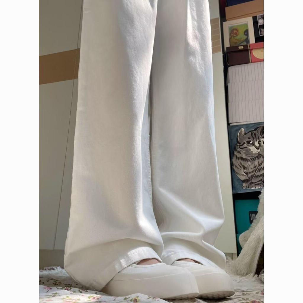 Women's White Wide-Leg Jeans, 2025 Spring/Summer, Pleated High-End, Loose Drapey Full-Length Pants.