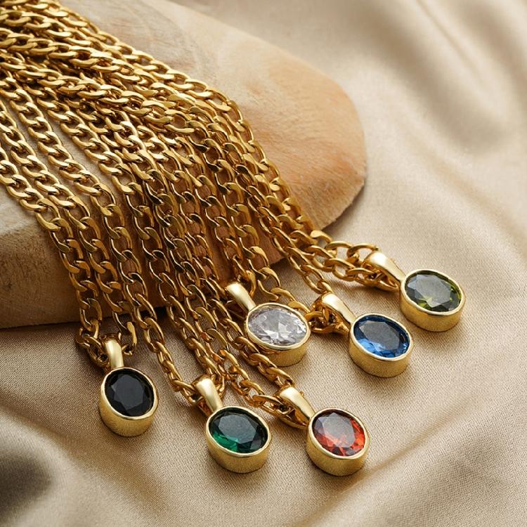Comfortable Lightweight Oval Zirconia Pendant Necklace for Daily Use on Stainless Steel Gold Plated Chain