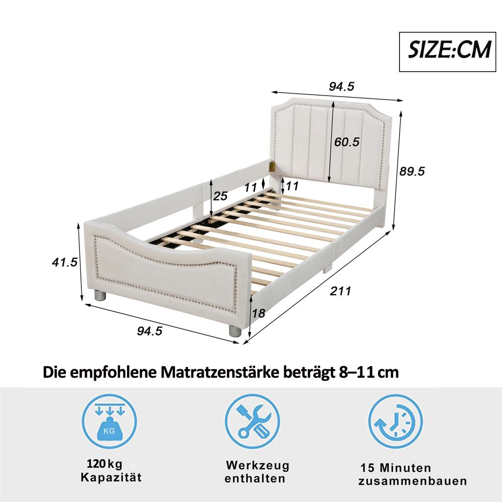 Kids' Bed Upholstered Bed 90*200cm Sleeper Sofa Bed Frame Flannel Multifunctional Soft Bed with Backrest Armrest Parent-Child Youth Guest Bed Beige