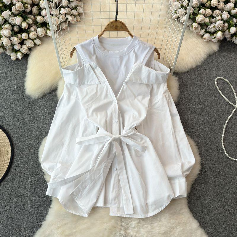 

off-Shoulder Chic Loose Patchwork Fake Two-Piece Long Sleeves Tops White All yards