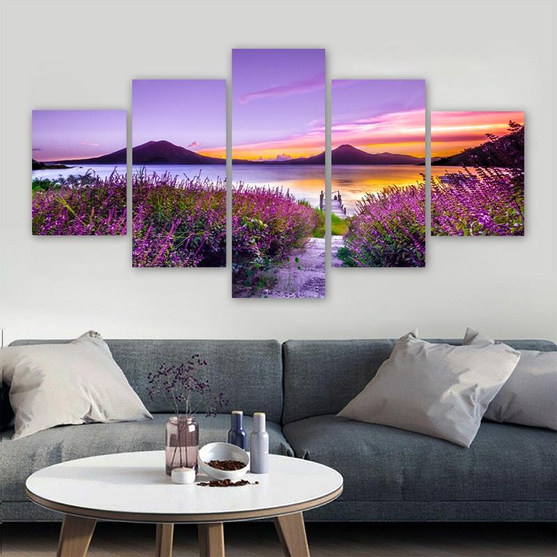 5 Panels Nature Landscape Posters Canvas Painting Mountain Pictures Flowers Wall Art For Living Room Modern Home Decor No Frame