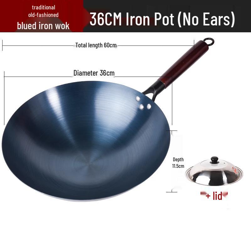 ZISIZ 36cm Refined Iron Round Bottom Wok with Lid